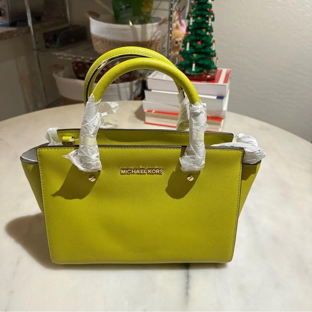 MICHAEL Michael Kors Yellow-Green Saffiano Leather Satchel - Picture 12 of 15